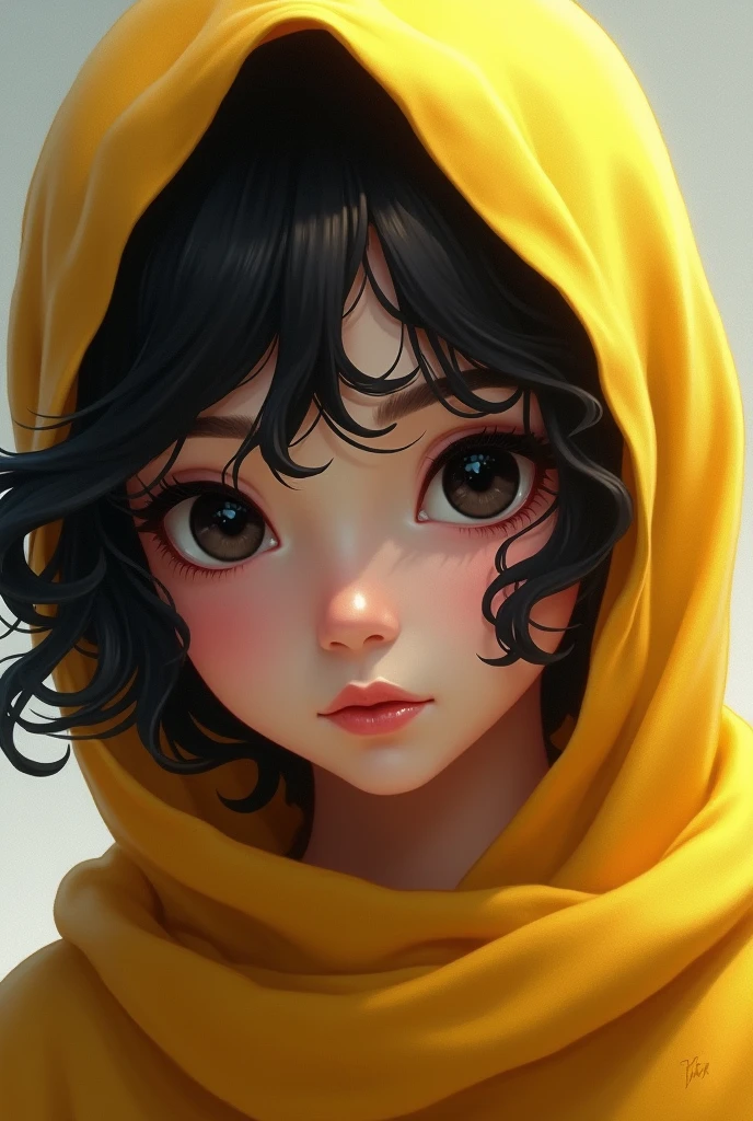 a girl , black hair , curly hair , black eyes , young , normal face and beauty , yellow scarf cover most of head , 