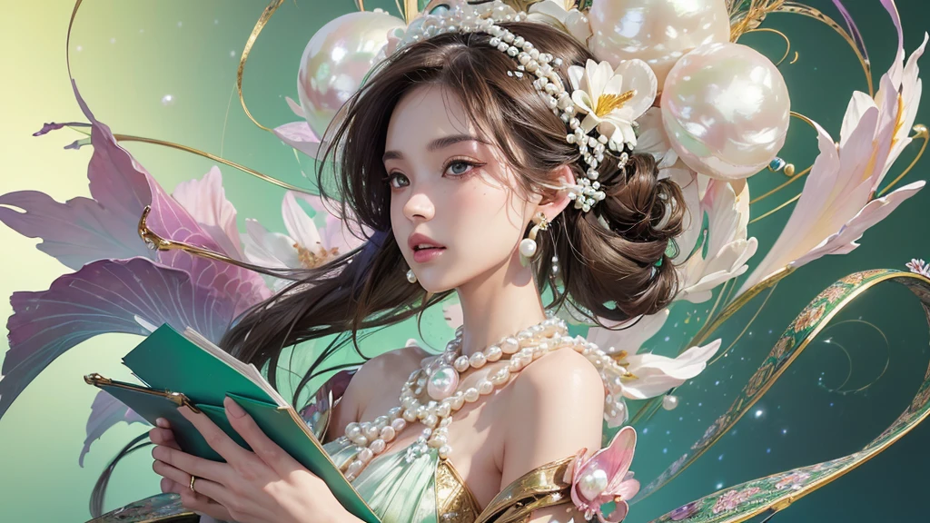 32K, 最高quality, 最高masterpiece, (ultra-Detailed Background, Detailed Background), High resolution, Super detailed, Very detailedな, 1 personの, (bouquet:1.3), (Tangled:1.2), (Geometric:1.2),(colorful),(masterpiece, quality, best quality, Official Art, Beautiful and beautiful:1.2), (1 person:1.3), Very detailed,(colorful:1.1)(Flowers:1.3),Most detailed,(Tangled:1.2), whole body, (Abstract background:1.3), (Skin glows), (Many colors:1.4), ,(Earrings Pearl:1.5), Light green background, It's imaginative., Brunette Hair, Updo, Holding a book, Holding a pen, Satin shirt