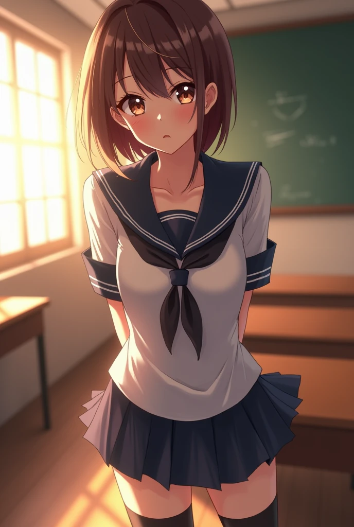 ((masterpiece)), ((Highest quality)), (Very detailedな), ((Very detailed)), 4K, (8k), Highest quality, (beautiful), Anime Style, Upper Body, Looking up from below, Whole body concentration, In the school classroom, Cute Woman, 1 female、beautiful mature woman, alone, (Sailor suit、Pleated mini skirt、Over the knee socks), beautiful light brown hair, ((beautiful eyeedium hair, Hip, Embarrassing, (Showing white panties:1.2),Lens flare, Shiny, Shine、Smooth thighs、The body is slim、Small Ass、Japanese actress face、Semen-stained ass