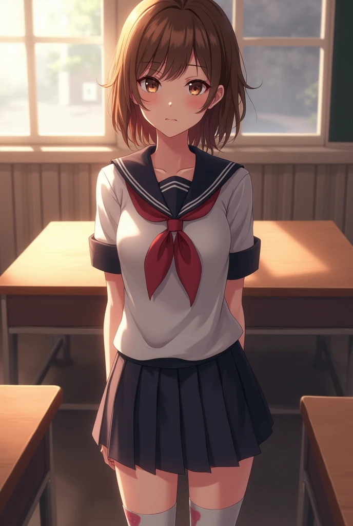 ((masterpiece)), ((Highest quality)), (Very detailedな), ((Very detailed)), 4K, (8k), Highest quality, (beautiful), Anime Style, Upper Body, Looking up from below, Whole body concentration, In the school classroom, Cute Woman, 1 female、beautiful mature woman, alone, (Sailor suit、Pleated mini skirt、Over the knee socks), beautiful light brown hair, ((beautiful eyeedium hair, Hip, Embarrassing, (Showing white panties:1.2),Lens flare, Shiny, Shine、Smooth thighs、The body is slim、Small Ass、Japanese actress face、Semen-stained ass