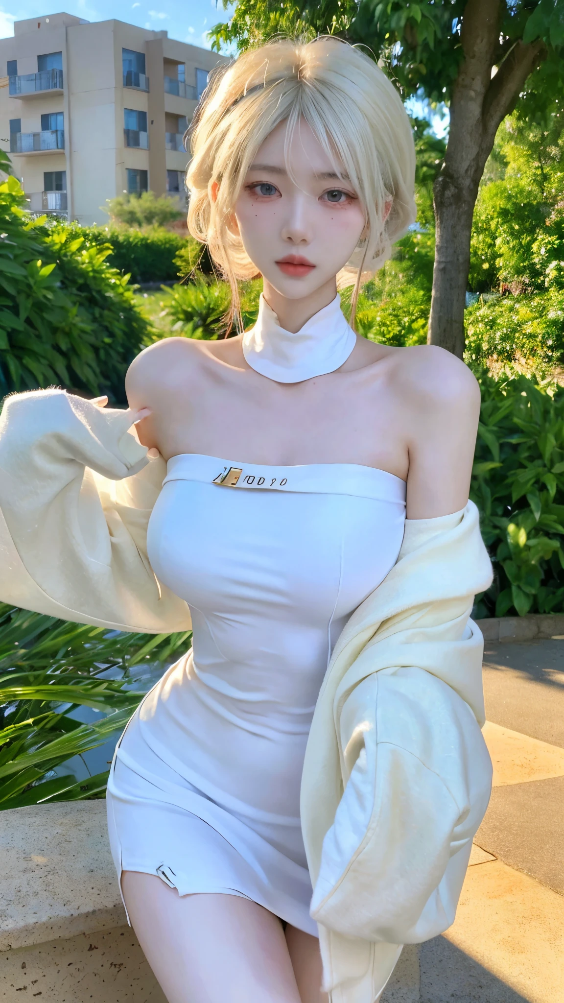 Beautiful woman with perfect figure:1.4,4K,Supermarket background,Long hair,Big Breasts,cute,Ultra-high resolution,Seductive laughter,White legs,(Lifelike:1.4),Layered hairstyle,White skin,Dress outfit,whole body,Very delicate face and skin texture,Double eyelids,Skin Whitening,White hair,