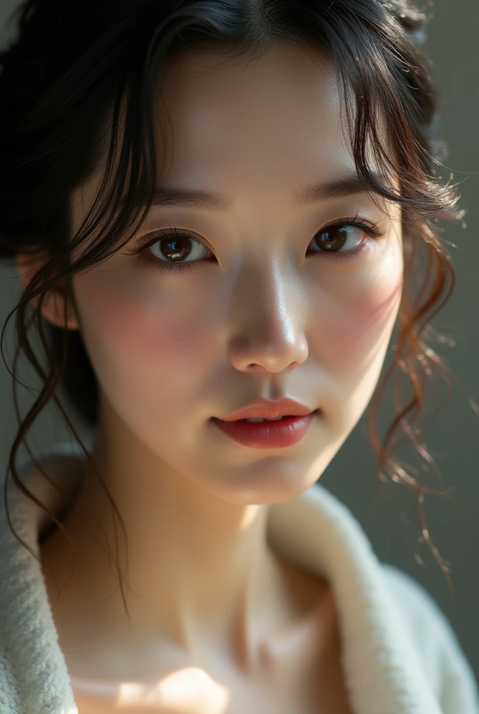 ((Ultra-Realistic Capture)), ((Very detailed)), ((High resolution 16K human skin closeup)). ((Skin texture must be natural)), Photorealistic:1.4、((So detailed that even pores can be identified:1.3)). Skin looks healthier, In a unified tone. Use natural light and colour、Sharp focus:1.4、Looking into the camera、Look at the viewers、Underarm、Very simple background、Dark brown eyes、Japanese Goddess、40s、Shortcuts