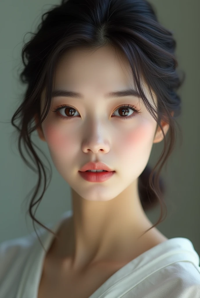 ((Ultra-Realistic Capture)), ((Very detailed)), ((High resolution 16K human skin closeup)). ((Skin texture must be natural)), Photorealistic:1.o detailed that even pores can be identified:1.3)). Skin looks healthier, In a unified tone. Use natural light and colour、Sharp focus:1.4、Looking into the camera、Look at the viewers、Underarm、Very simple background、Dark brown eyes、Japanese Goddess、40s、Shortcuts
