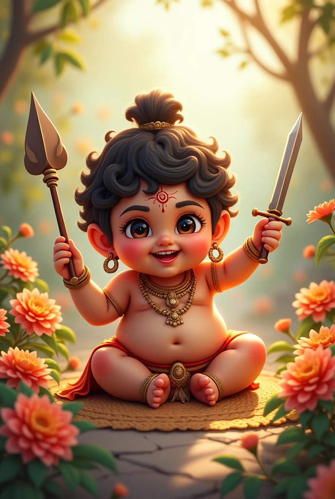  cute  murugan littile more fat and his weapon  sitting flower 
