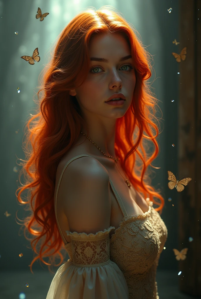 (solo, full body photo:1.3), (action packed:1.3), (haze, fog, mist:1.3), chiaroscuro, best quality, photorealistic, 1woman, (cute), (24yo:1.2), redhead, long ginger hair highly detailed, 1700'S, digital photography, art by artgerm and ruan jia and greg rutkowski surreal painting gold butterfly filigree, broken glass, (masterpiece, sidelighting, finely detailed Fashionable eyes: 1.2) (perfect oval large eyes that gazes at the viewer), beautiful detailed face, blue gorgeous perfect eyes, (blonde hair ponytail), (attractive young woman:1.3), (thick amazing hair), (seductive:1.1), (blushing:1.1)