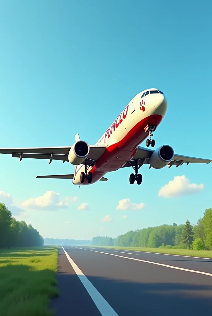 Generate an image of a plane that has a marking that says PUMCLO and that has a cat footprint, the plane taking off from the runway and the blue sky in the background