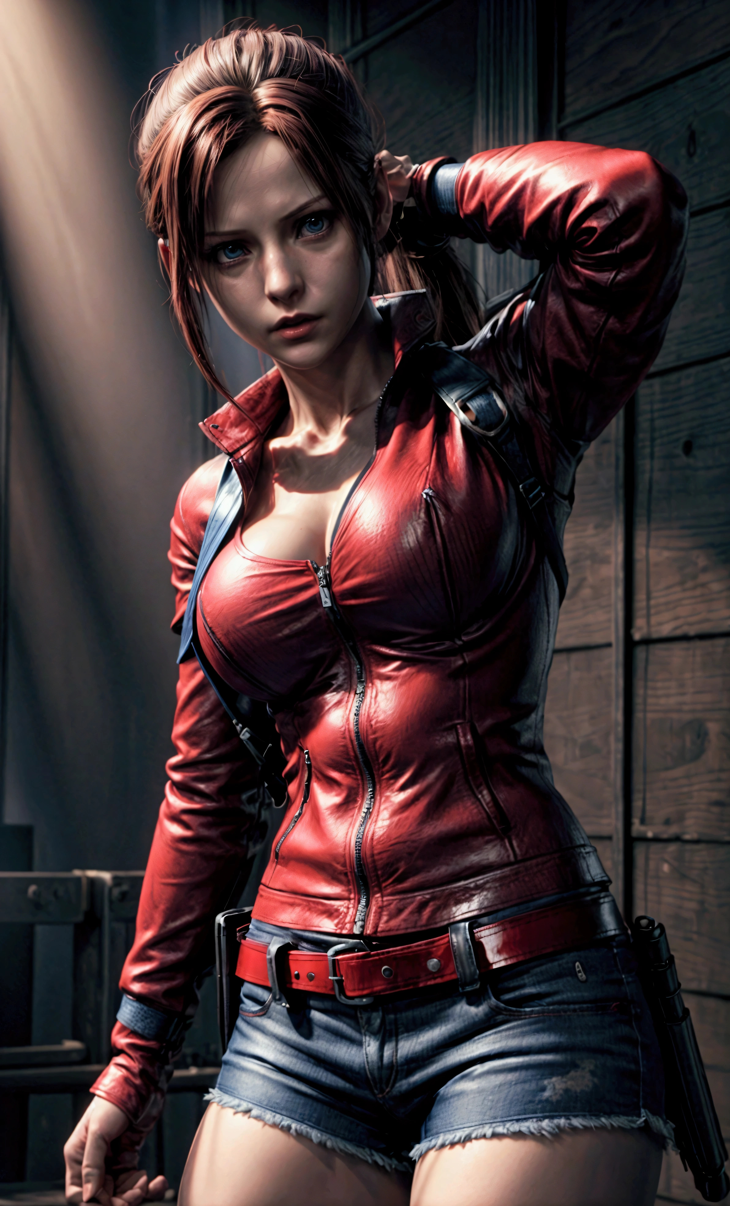 claire redfield, sexy pose, 3 size breasts, blue shorts, tight t-shirt, red jacket, military belts and straps, realistic skin, ulltra realistic art, feminine body, thin narrow waist,