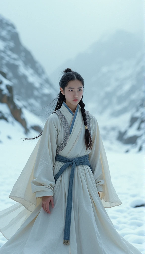 Tibetten cute girl, Tibetan snow , 2000,White smoke, Full of movement,Hasselblad, National Geographic photo, Semi-body shot, high-quality photo,Full body photo,Lower body