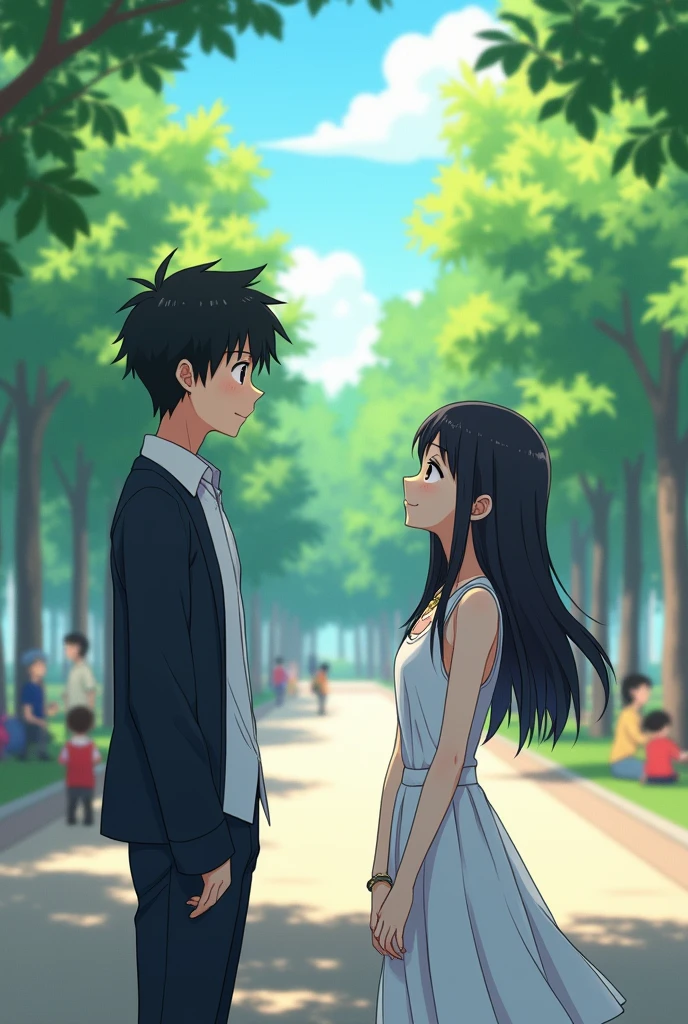 Anime-style. Shot Type: Medium shot. Description: Yuki looks up at Hiroshi with a gentle smile, but he seems distracted, looking ahead. Background: The park is lively, with birds chirping and children playing. Yuki(, Japanese. She has long, straight black hair, fair skin, and soft, delicate features. She typically wears a simple white dress, symbolizing purity and care, with a small silver necklace given by her boyfriend). Hiroshi(, Japanese. He has short, messy black hair, and a strong jawline. He often wears a school uniform consisting of a white shirt and a dark jacket).