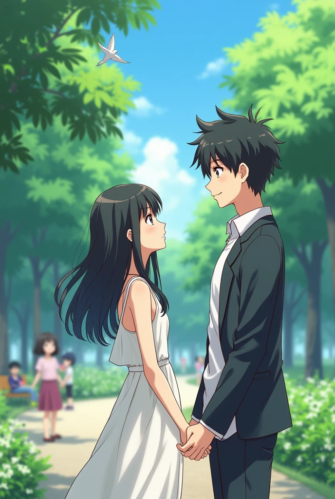 Anime-style. Shot Type: Medium shot. Description: Yuki looks up at Hiroshi with a gentle smile, but he seems distracted, looking ahead. Background: The park is lively, with birds chirping and children playing. Yuki(, Japanese. She has long, straight black hair, fair skin, and soft, delicate features. She typically wears a simple white dress, symbolizing purity and care, with a small silver necklace given by her boyfriend). Hiroshi(, Japanese. He has short, messy black hair, and a strong jawline. He often wears a school uniform consisting of a white shirt and a dark jacket).