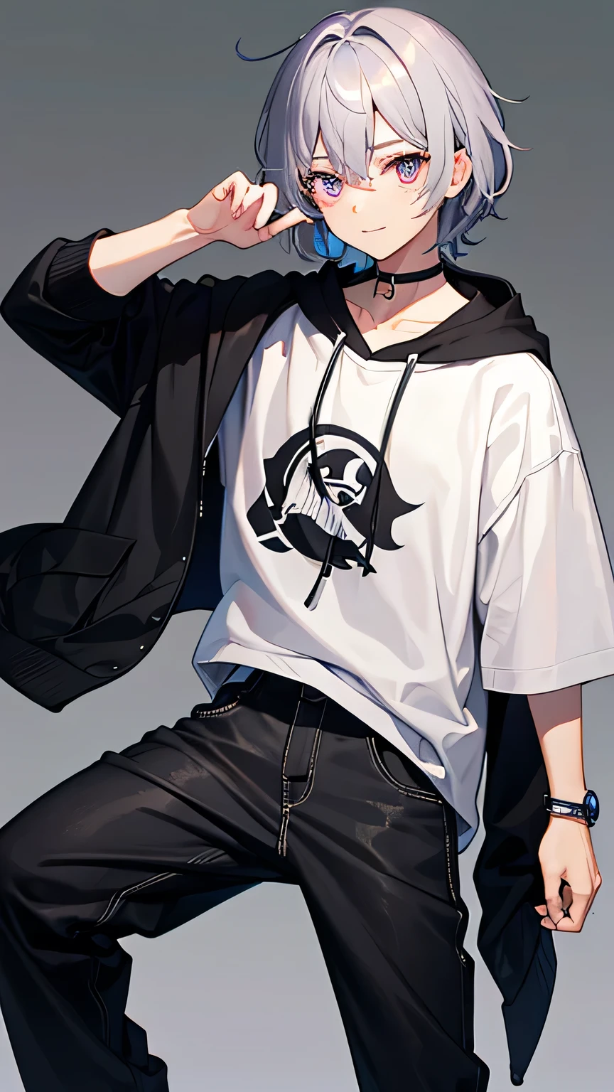 gender: Male age: 2 hairstyle: Korean handsome style，Gray hair。The length of the hair is moderate，Slightly messy，With natural curl，Slightly longer bangs，Slightly cover one Eye，Create a cool and casual feel。Light grey hair color，With a metallic feel，It will appear more layered under the light。 Eye: Light pink eyes，Slightly elongated eyes，There is a hint of mystery and confidence in the eyes，From time to time, the temperament of &quot;Secondary two&quot; is revealed。 Face shape: Slightly thin face，Less obvious cheekbones，High nose，There is often a confident smile on the corner of his mouth。 Clothing style: Hip-hop style。Wearing a loose hoodie，Hoodies with bold graphics or text designs，Dark color，May be dark black or dark purple。Wearing loose jeans，Pants with ripped holes or other hip-hop details。Wearing a pair of high-top sneakers，Color matches the hoodie。A thick chain necklace around the neck，Several leather bracelets or bracelets on the wrist，Increases the overall hip-hop feel。 character: Secondary two，Often makes exaggerated poses and lines，It&#39;s like living in your own fantasy world，But in showing extraordinary talent and calmness。He is particularly talented in rap，Strong performance on stage，Capable of quickly grabbing the audience’s attention