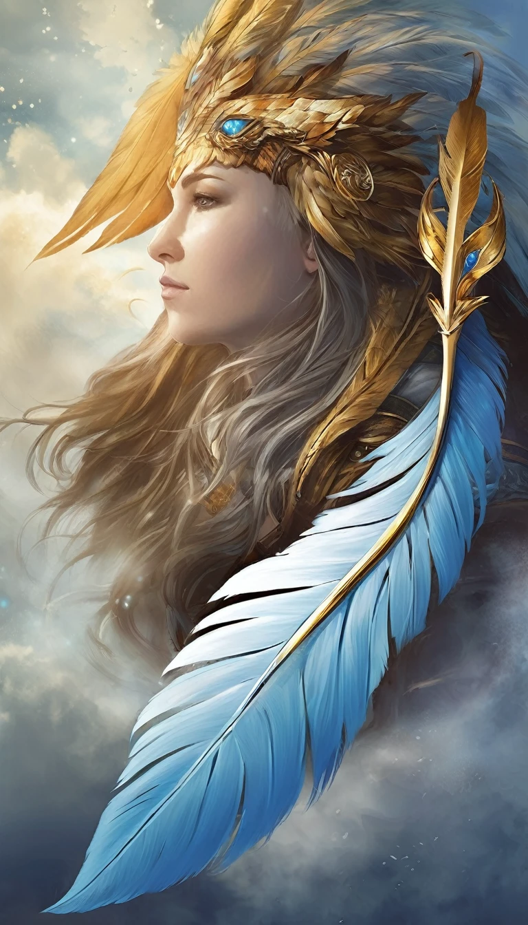 Assume you are creating the next Dragon Age videogame. Your mission is to create a banner with a white-blue-golden feather that represents a new faction called " Dreamer". The banner should convey a sense of storytelling, dreams and stories. Create a banner for a new faction that worships dreams and stories. Make the banner exceptional, creative and unique. The banner must convey a sense of storytelling, dreaming and should include a special, epic white-blue-golden feather as symbol for storytelling and dreams.