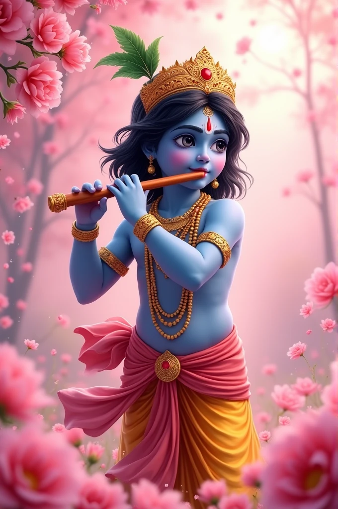 Create an a anime image of beautiful lord Krishna playing flute with full pink background with pink flowers and flower rain