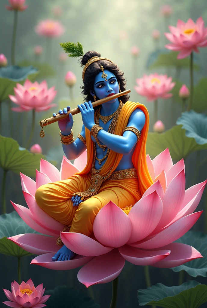 (1male, 5 female) Shri krishna playing bamboo flute sitting on a big beautiful lotus and lots of lotus surroundings fantasyreal.