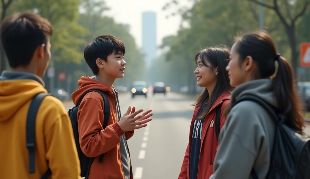 Creat a 18 boy try to talking with 4 peoples who standing Infront of his , the boy opening his hands and try to explain something, background is a normal road, 8k very ultra realistic