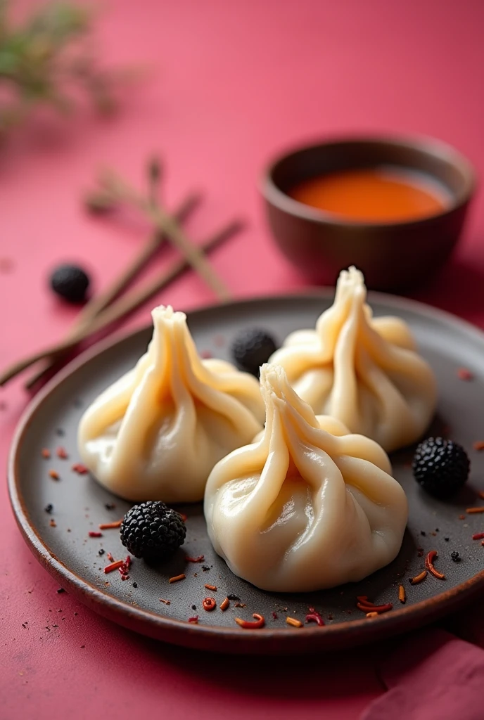 Original momos with dark pink background and love add on background some black texture and added souce of momos