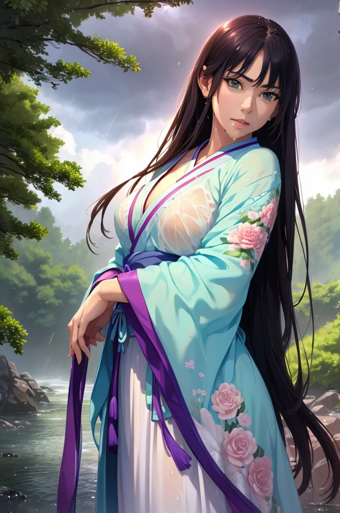 Heavy rain background、In the storm、in the forest、Walking in the river、On the run、In the fog、war (Highest quality,4K,8k,High resolution,masterpiece:1.2), Very detailed, (Realistic,Realistic,Realistic:1.37), High resolution, Hyper HD, Studio Lighting, Ultra-fine painting, Sharp focus, Physically Based Rendering, Very detailed説明, Professional, Vibrant colors, Bokeh, Sports Late Night, Ancient War Landscapes, Traditional Chinese Painting Techniques, Atmospheric lighting, Vivid color contrast, Ethereal atmosphere,Very detailed目と顔, Beautiful attention to detail, Light on the face,豪華なHanfu (Hanfu: 1.1),My whole body is wet、My clothes are wet and transparent、Nipples are visible、The nipples are pale pink、Rain clouds spreading across the sky、Heavy rain weather、Pouring rain、Wind and rain storm、((Soaked skin from head to toe))、((Rain-soaked clothes(Rain dripping from clothes))、((The lines of your body are clearly visible through your wet clothes...))、、(Green Eyes: 1.1)、Slim figure、Small breasts