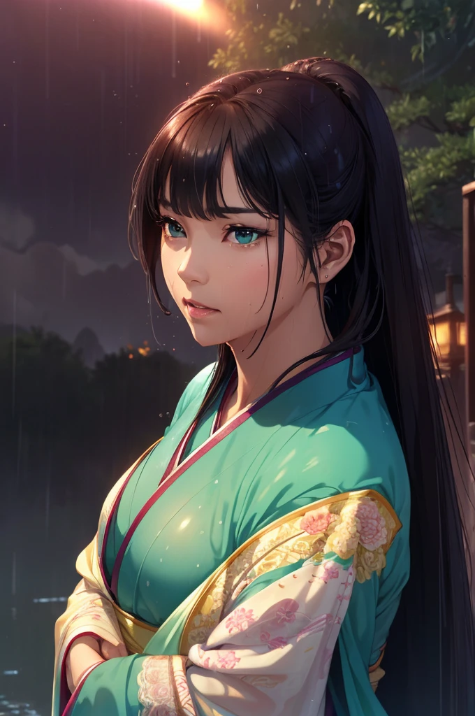 Heavy rain background、In the storm、in the forest、Walking in the river、On the run、In the fog、war (Highest quality,4K,8k,High resolution,masterpiece:1.2), Very detailed, (Realistic,Realistic,Realistic:1.37), High resolution, Hyper HD, Studio Lighting, Ultra-fine painting, Sharp focus, Physically Based Rendering, Very detailed説明, Professional, Vibrant colors, Bokeh, Sports Late Night, Ancient War Landscapes, Traditional Chinese Painting Techniques, Atmospheric lighting, Vivid color contrast, Ethereal atmosphere,Very detailed目と顔, Beautiful attention to detail, Light on the face,豪華なHanfu (Hanfu: 1.1),My whole body is wet、My clothes are wet and transparent、Nipples are visible、The nipples are pale pink、Rain clouds spreading across the sky、Heavy rain weather、Pouring rain、Wind and rain storm、((Soaked skin from head to toe))、((Rain-soaked clothes(Rain dripping from clothes))、((The lines of your body are clearly visible through your wet clothes...))、、(Green Eyes: 1.1)、Slim figure、Small breasts