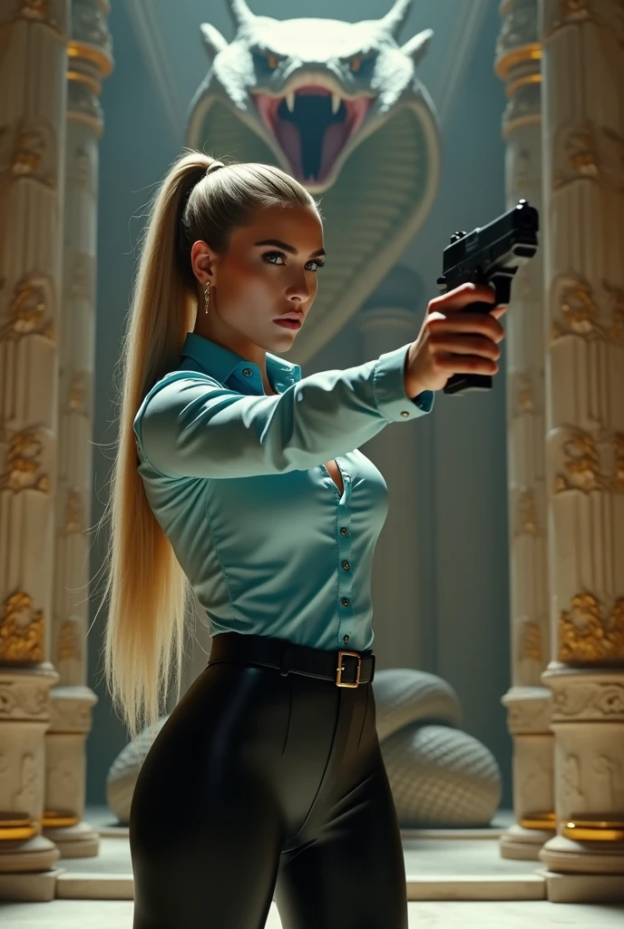 Kim Kardashian with long straight blonde hair in a ponytail in a baby blue tight satin shirt with buttons with sleeves and not cropped, generous cleavage,in a very tight black latex leggings, she is in a temple, she aims a gun at someone , behind her is a huge snake that opens its mouth with sharp teeth