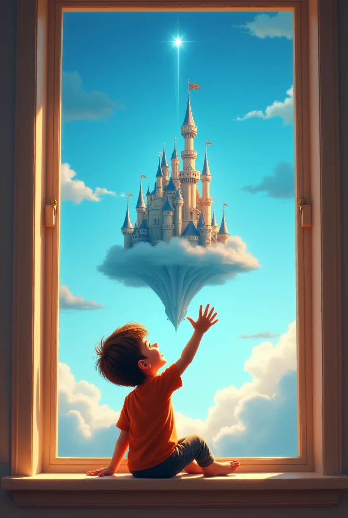 make a flat american boy sitting in the window of his house , with the window open touching the bright radiant blue sky with your hand, in the sky place a fantasy castle with lots of ultra realistic cinematic style light with scene blur