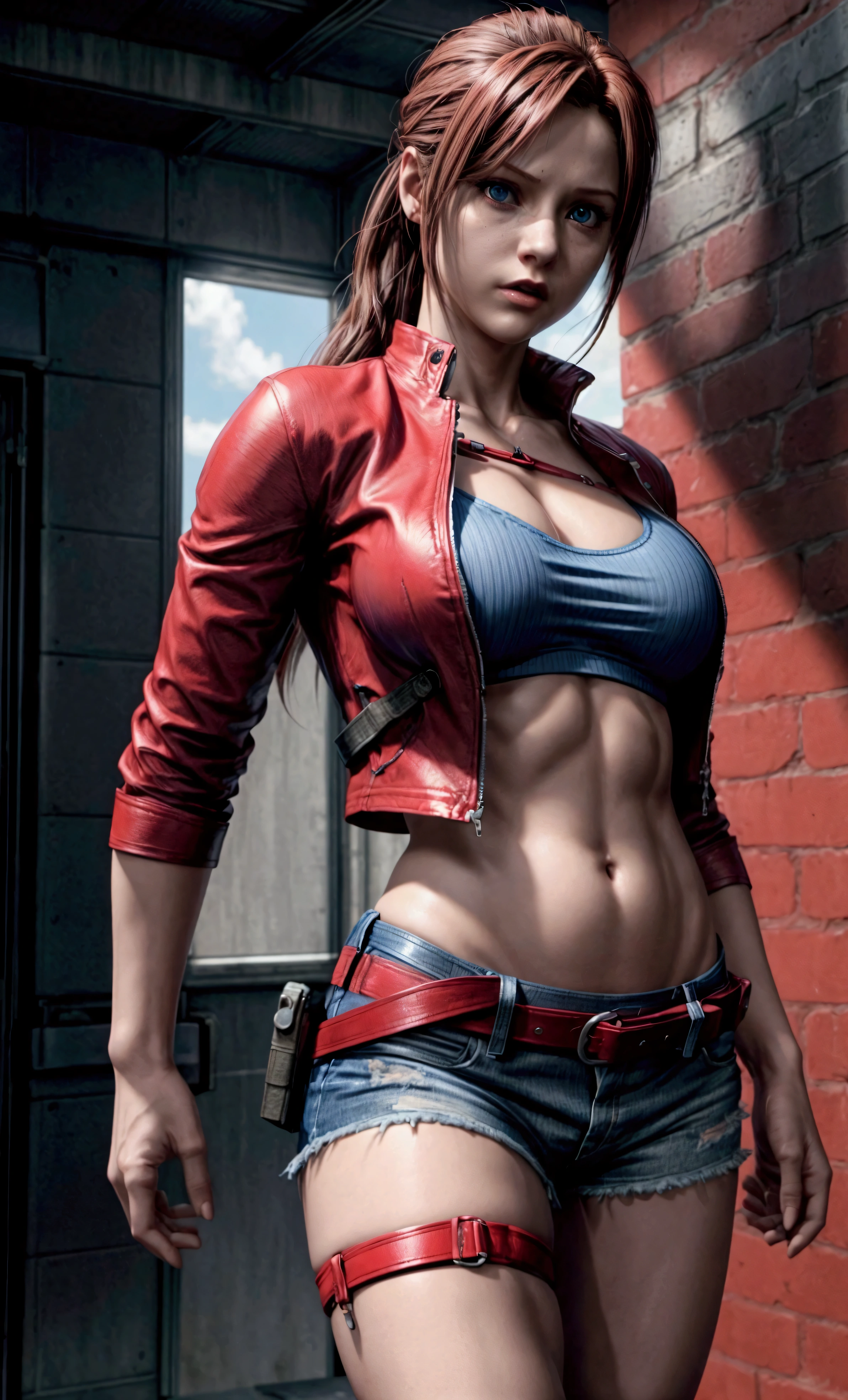 claire redfield, sexy pose, 3 size breasts, blue shorts, tight t-shirt, red jacket, military belts and straps, realistic skin, ulltra realistic art, feminine body, thin narrow waist, open belly