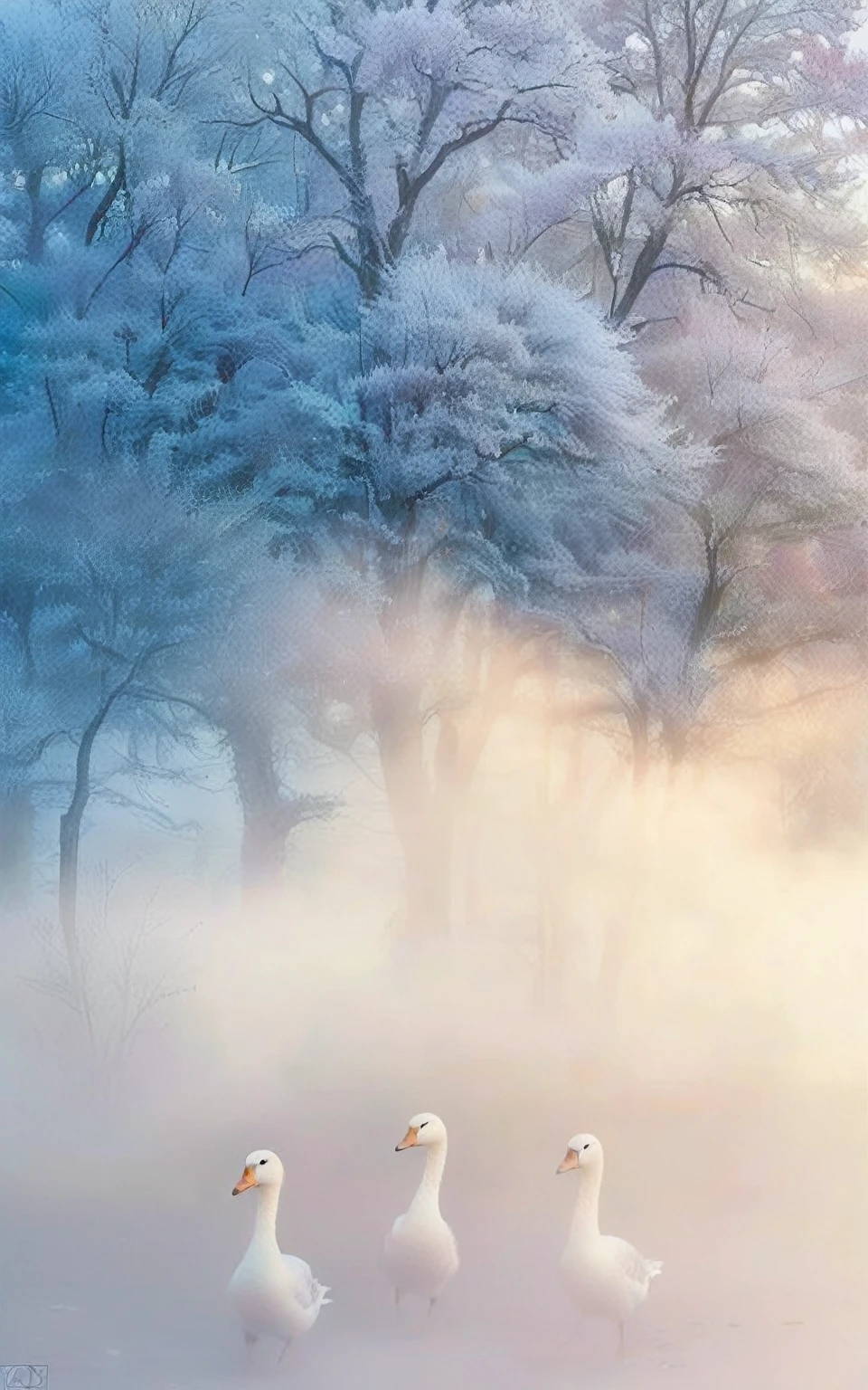 Four geese walking in the misty water, Magical white mist, Cold, pale and silent atmosphere, Cold but beautiful, Cold fog, Extremely beautiful and ethereal, magic fog, The winter mist enveloped her, In volumetric soft glowing mist, Misty mist, Forough Forrest background, Beauty fog, Dreamlike scene, Glowing colorful mist, mystic winter landscape, Winter atmosphere