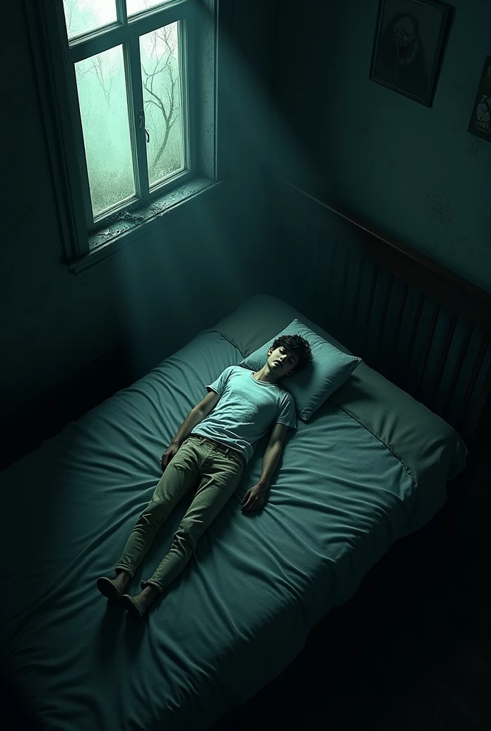 View from up sleeping a young guy in bed in a old dark house view like in devil's house