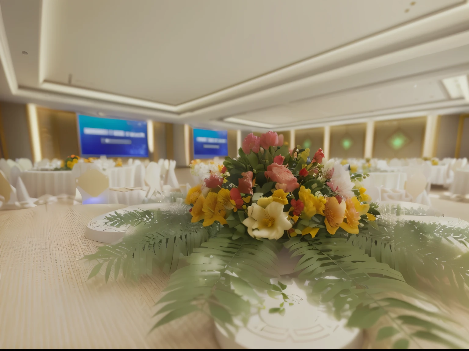 3D rendering of an elegant conference hall with white round tables, green ferns, and yellow and red flowers in the center of each table. There is one large screen showing abstract video content in blue. The background features light beige walls and high ceilings. In front, there's a close-up view of part of the scene. Hyper-realistic style. High-resolution photography. 85mm lens. f/2 aperture setting. 