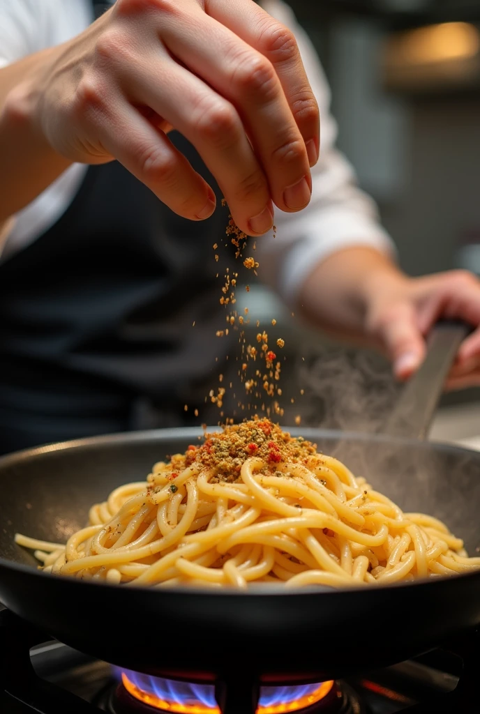 close up shot of seasoning a noodle on a pan on top of stove