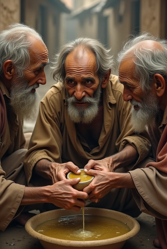 Indian poor old people drinking cow pee