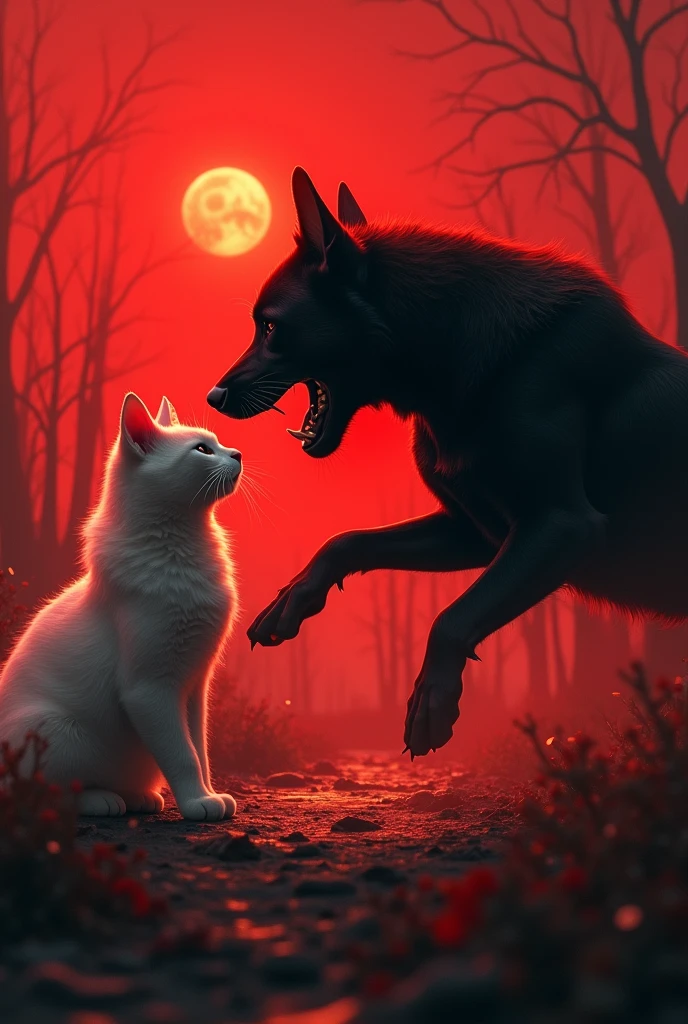 A black dog and white cat dengerous place and lighting red sky