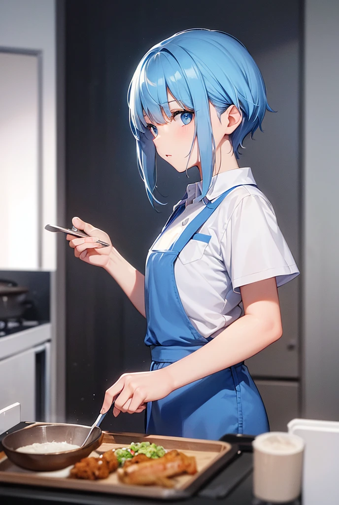 One person, blue eyes, Blue Hair/Light blue hair, Bangs are parted diagonally,Hairstyle: Short,uniform,Cooking food,