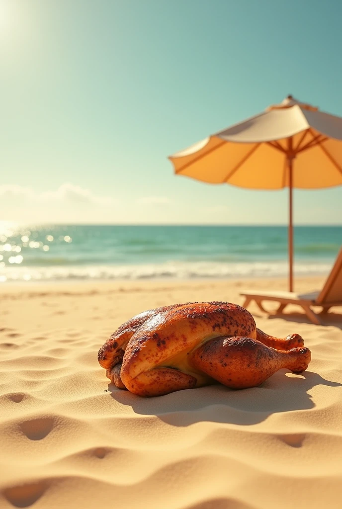 A thin, grilled roast chicken (brathähnel - Broiler) with brunette hair lies in the sun on a dune with a parasol and wears a bikini. Replaced the woman with a chicken! No water in the picture! Away with the water! Make the chicken thinner! No, now there is water in the picture again, what's that supposed to mean? Yes not bad, but please take the water out of the picture! No the old picture was better. Perfect if it were a normal roast chicken.