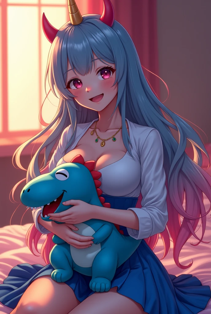 (masterpiece, Highest quality:1.4),Cinematic Light,colorful,High Contrast,(One person),Alti OP,One Piece Anime,((Large Breasts)),Multicolored Hair,Long Hair,Blue Hair,Pink Hair,bangs,horn,Blue Skirt,High Waist Skirt,White shirt,Happy,(hugging a blue stuffed dinosaur:1.1),At the bed,