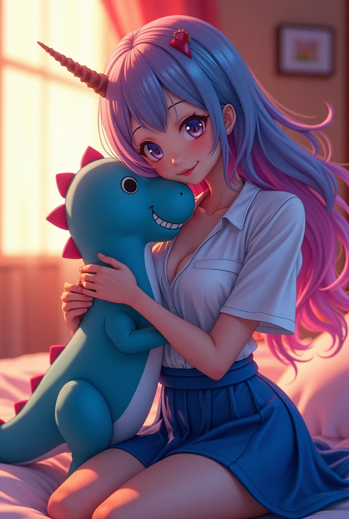 (masterpiece, Highest quality:1.4),Cinematic Light,colorful,High Contrast,(One person),Alti OP,One Piece Anime,((Large Breasts)),Multicolored Hair,Long Hair,Blue Hair,Pink Hair,bangs,horn,Blue Skirt,High Waist Skirt,White shirt,Happy,(hugging a blue stuffed dinosaur:1.1),At the bed,