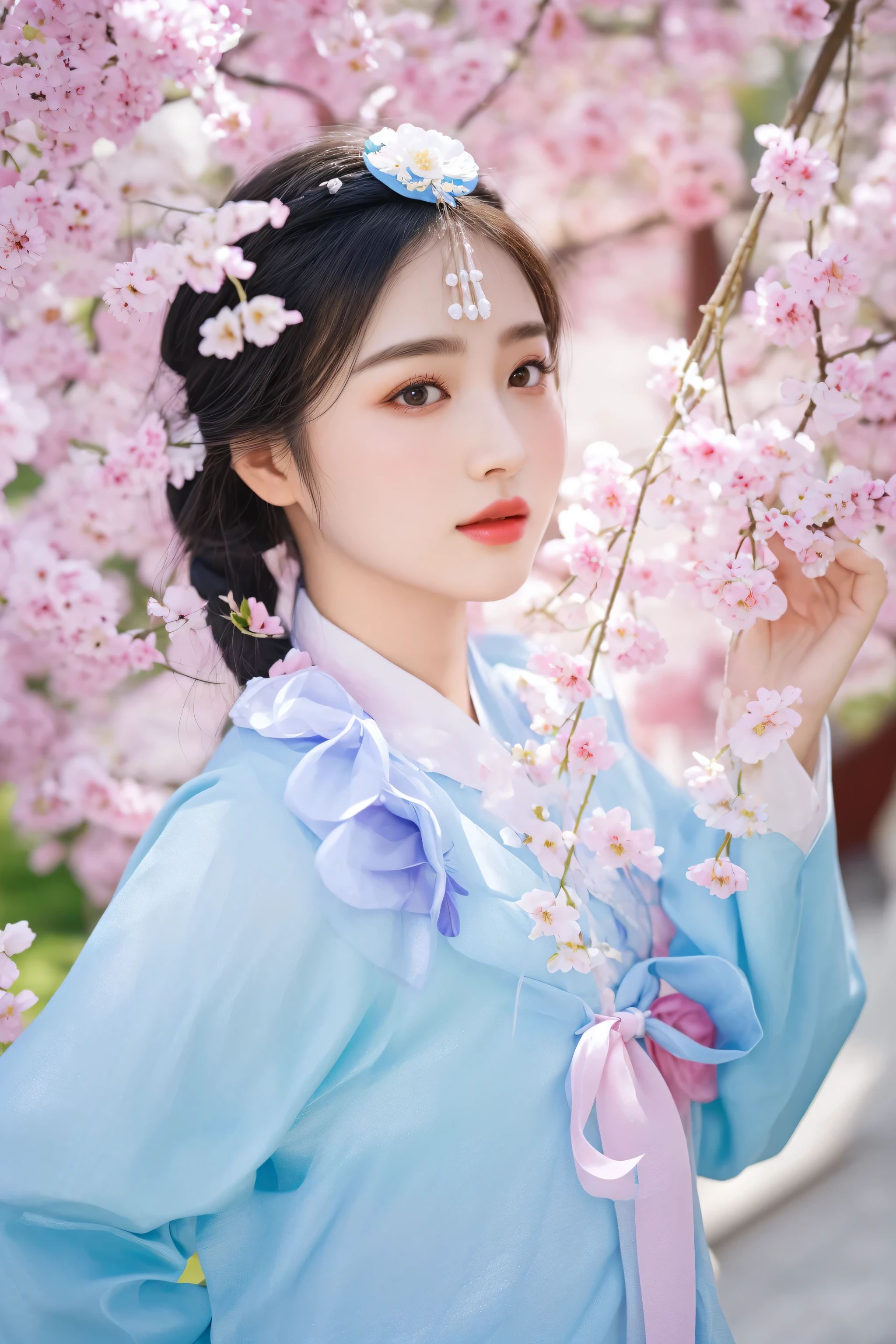 arafed woman in a blue dress and a pink ribbon, palace , a girl in hanfu, hanfu, white hanfu, beautiful south korean woman, inspired by Jin Nong, korean woman, beautiful young korean woman, wearing ancient chinese clothes, traditional chinese clothing, chinese woman, hanbok, chinese girl, korean girl, korean hanbok