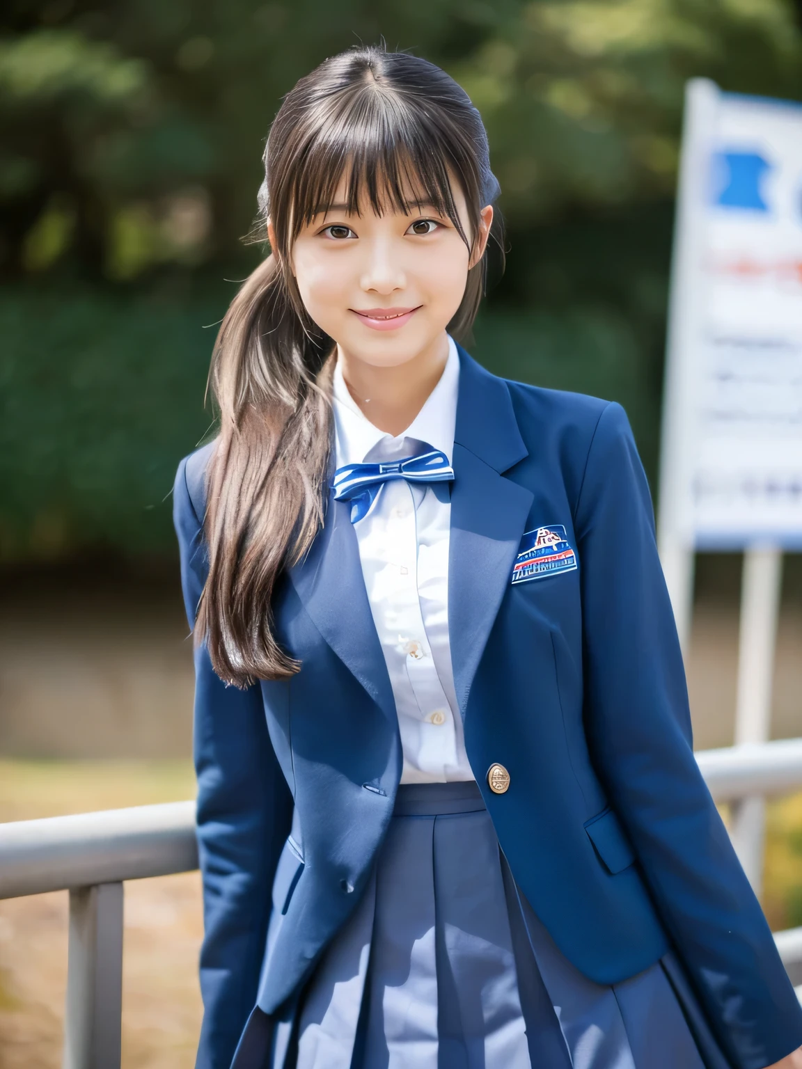 ((Masterpiece)), 8k, highest quality, 1 girl, solo, beautiful face, gentle expression, real, cute, dark blue skirt, dark blue ribbon, dark blue blazer uniform, (Japanese high school girl), Smile, ((turning around and looking at camera)), ponytail, normal chest, full body shot, classroom background,