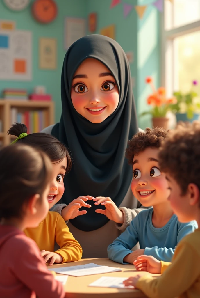 Pretty teacher playing with her preschool students, The teacher with black hijab on and honey-colored eyes