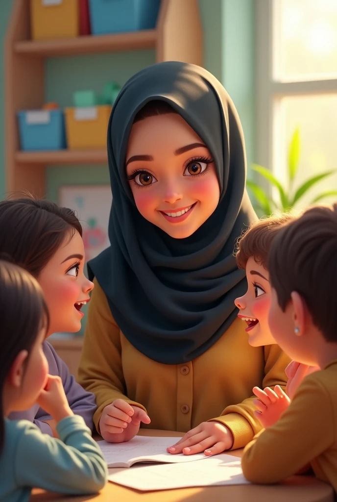 Pretty teacher playing with her preschool students, The teacher with black hijab on and honey-colored eyes