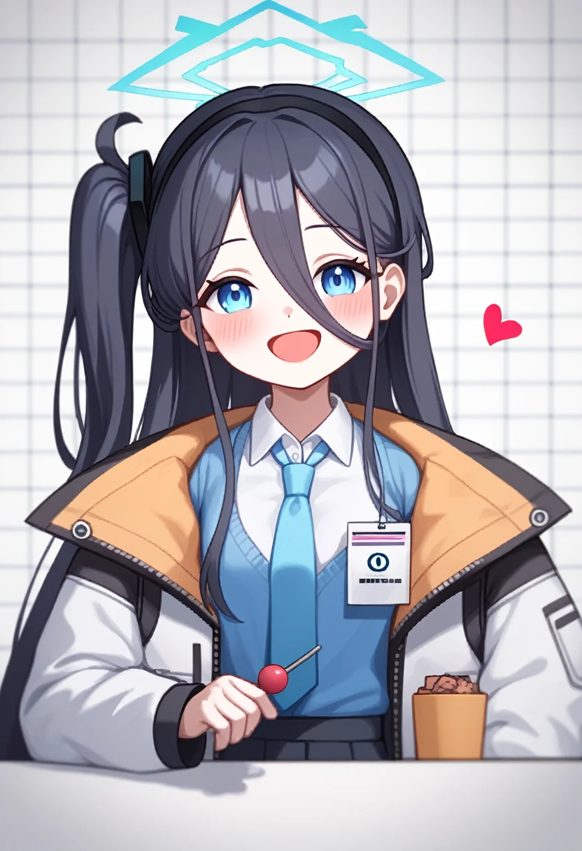 Fraction_9,Fraction_8_Direction_7_up,1 Girl, :d, Aris_\(blue_file\), Black_hairband, blue_Eye, blue_tie, blush, Collar_shirt, cursor, hair_between_Eye, Halo, hand_up, Heart, long_hair, one_side_up, Open_jacket, Pixelation, lattice_background, fluffy_long_sleeve, sleeve_Past_hand腕, Solitary, upper_Body, White_shirt