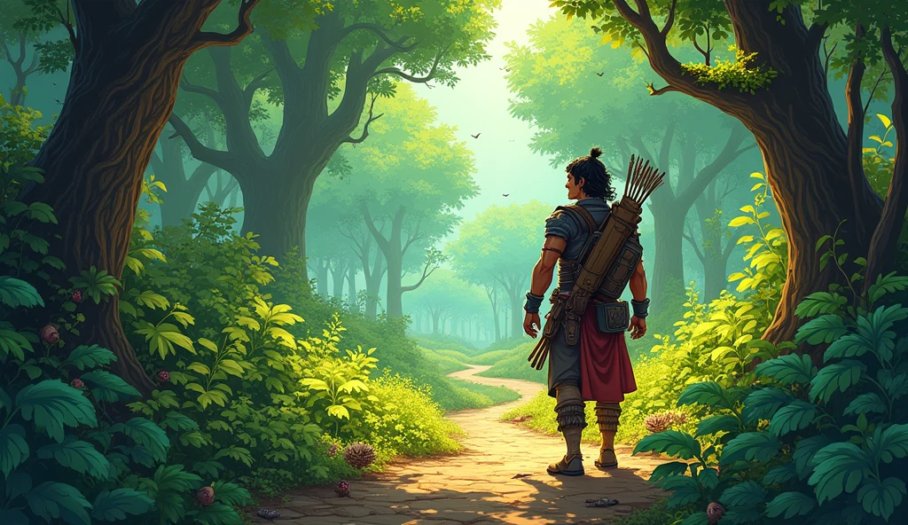 Arav ancient fighter embarking on his journey: Create an image of Arav starting his journey through a dense, vibrant forest. He should carry his bow and a small ancient pack, with the path winding ahead and the forest full of life, with birds and animals.warm, vibrant colors and a comic-style aesthetic: