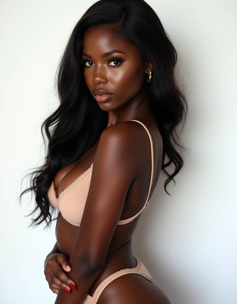 Beautiful black skin model, wearing bikini, sexy pose, portrait, close up, make up, lip gloss, studio shoot, plain white background