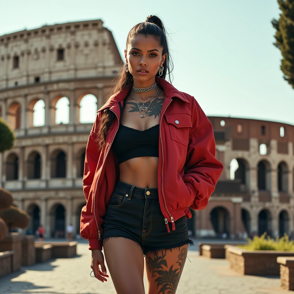 A captivating young woman in a bold, streetwear-inspired outfit—oversized jacket, crop top, and high-waisted shorts—struts confidently along a sidewalk with the Colosseum in the background. Her tattoos add an edge to her look, and the ancient monument juxtaposes her modern style, creating a striking image.