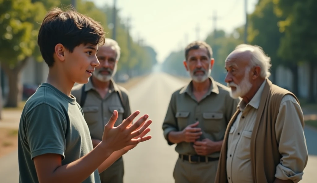 Creat a 18 boy try to talking with 4 older peoples who standing Infront of his , the boy opening his hands and try to explain something, background is a normal road, 8k very ultra realistic