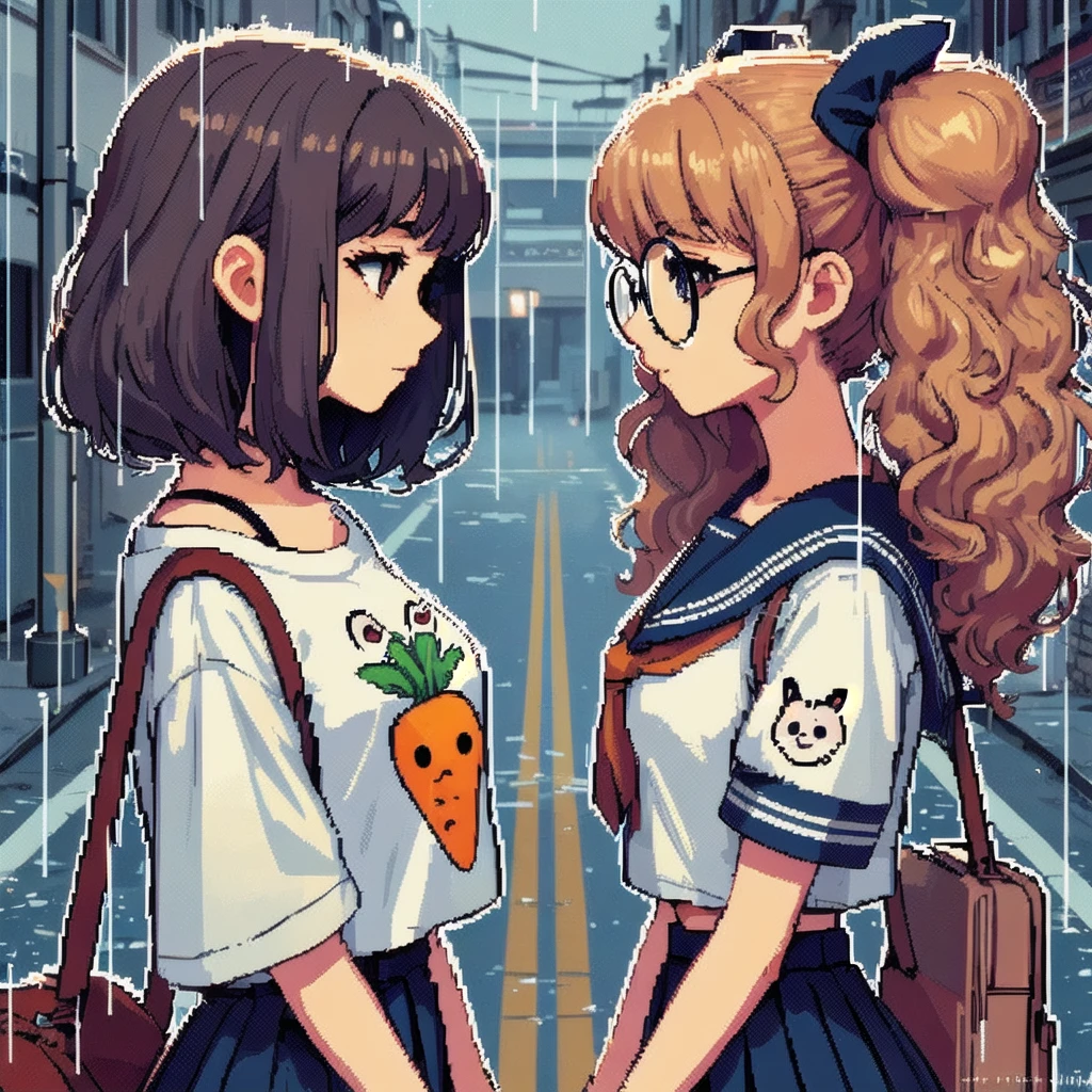 /imagine prompt: Two female characters standing closely in the rain on a quiet city street. They maintain a semi-profile view, gazing into each other’s eyes. The first character has dark hair and wears an oversized T-shirt with a carrot graphic, showing a melancholic expression. The second character has light brown curly twin tails, large round glasses, and wears a school uniform. The scene is intimate and tranquil, with warm light reflecting on the wet surfaces of the street. The overall aesthetic is detailed and vibrant, emphasizing the connection between the characters and the serene atmosphere.