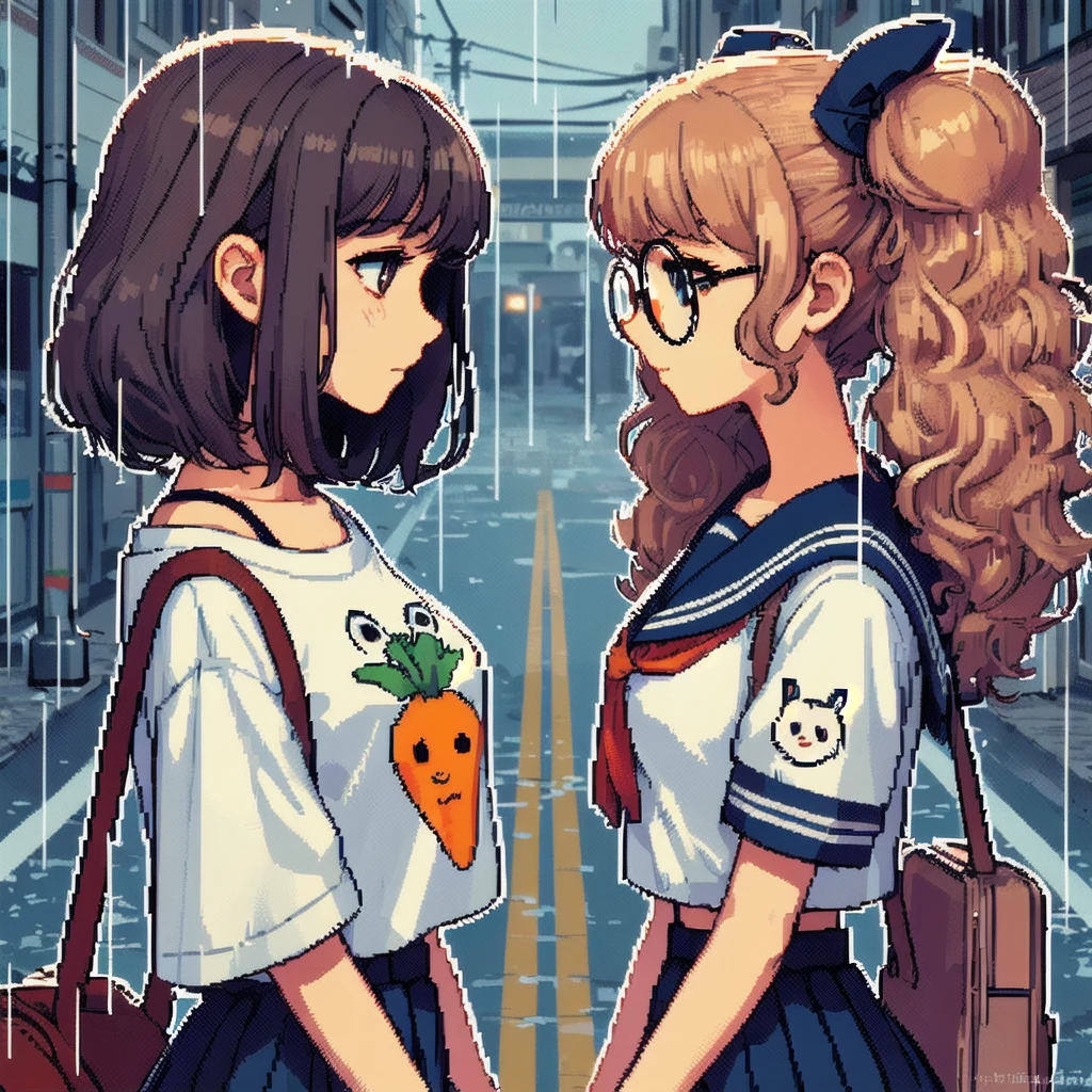 /imagine prompt: Two female characters standing closely in the rain on a quiet city street. They maintain a semi-profile view, gazing into each other’s eyes. The first character has dark hair and wears an oversized T-shirt with a carrot graphic, showing a melancholic expression. The second character has light brown curly twin tails, large round glasses, and wears a school uniform. The scene is intimate and tranquil, with warm light reflecting on the wet surfaces of the street. The overall aesthetic is detailed and vibrant, emphasizing the connection between the characters and the serene atmosphere.