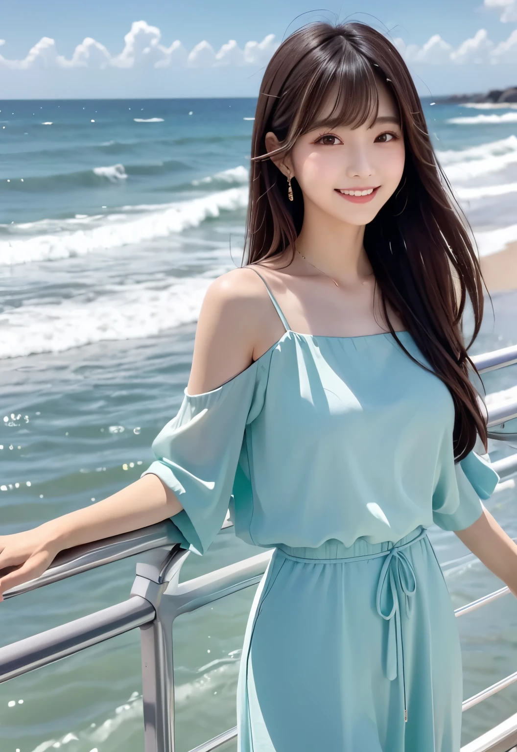 masterpiece、Highest quality、whole body、One Girl、bangs、Japanese、Long Black Hair、long hair、Ocean、Asahi、smile、flower、alone、Stylish woman、Pastel colored outfits、front、Luxury background elements、Confident expression、Modern and trendy、Fashion focused