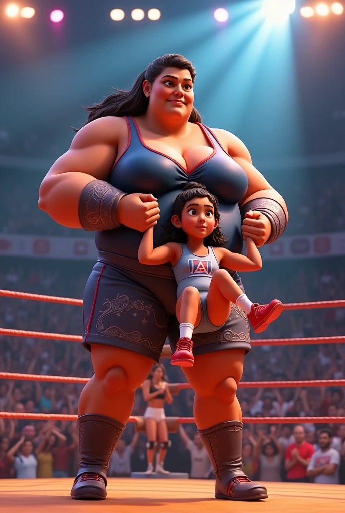 In cinematic 3D cartoon character styles 
India's most powerful woman, 3 Veera fatty presented an example of her strength by lifting a girl in the wrestling ring.