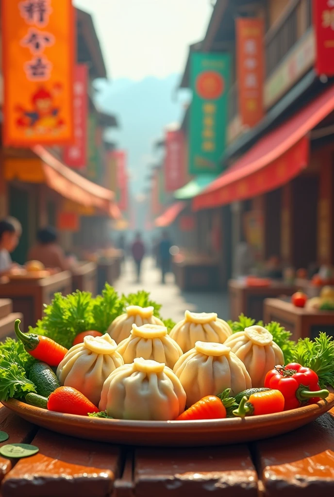Momos and little vegetables with street food style banners 