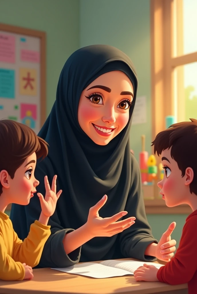 Pretty teacher playing with her preschool students, The teacher with black hijab on and honey-colored eyes